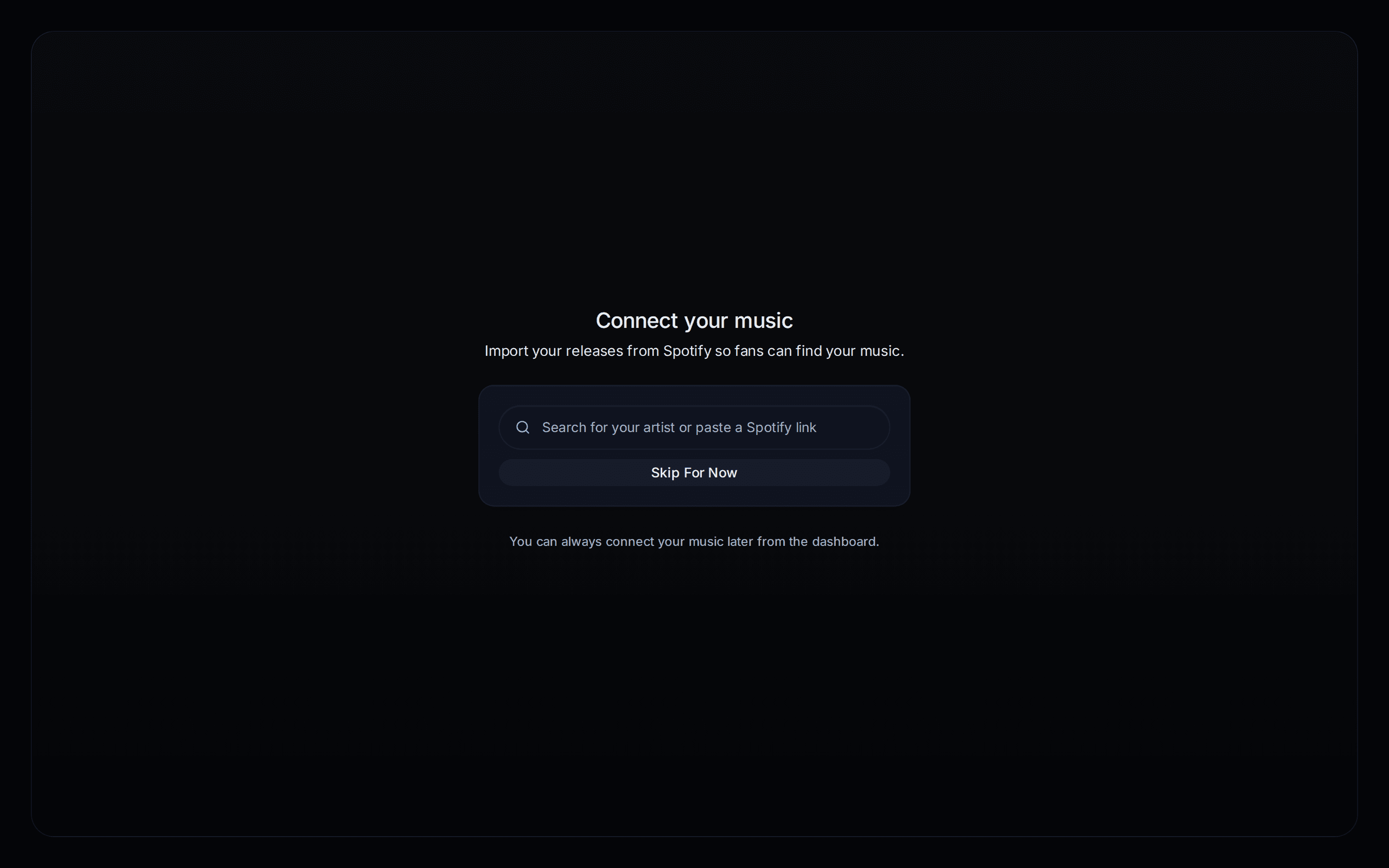 Jovie onboarding asking an artist to connect their music catalog.