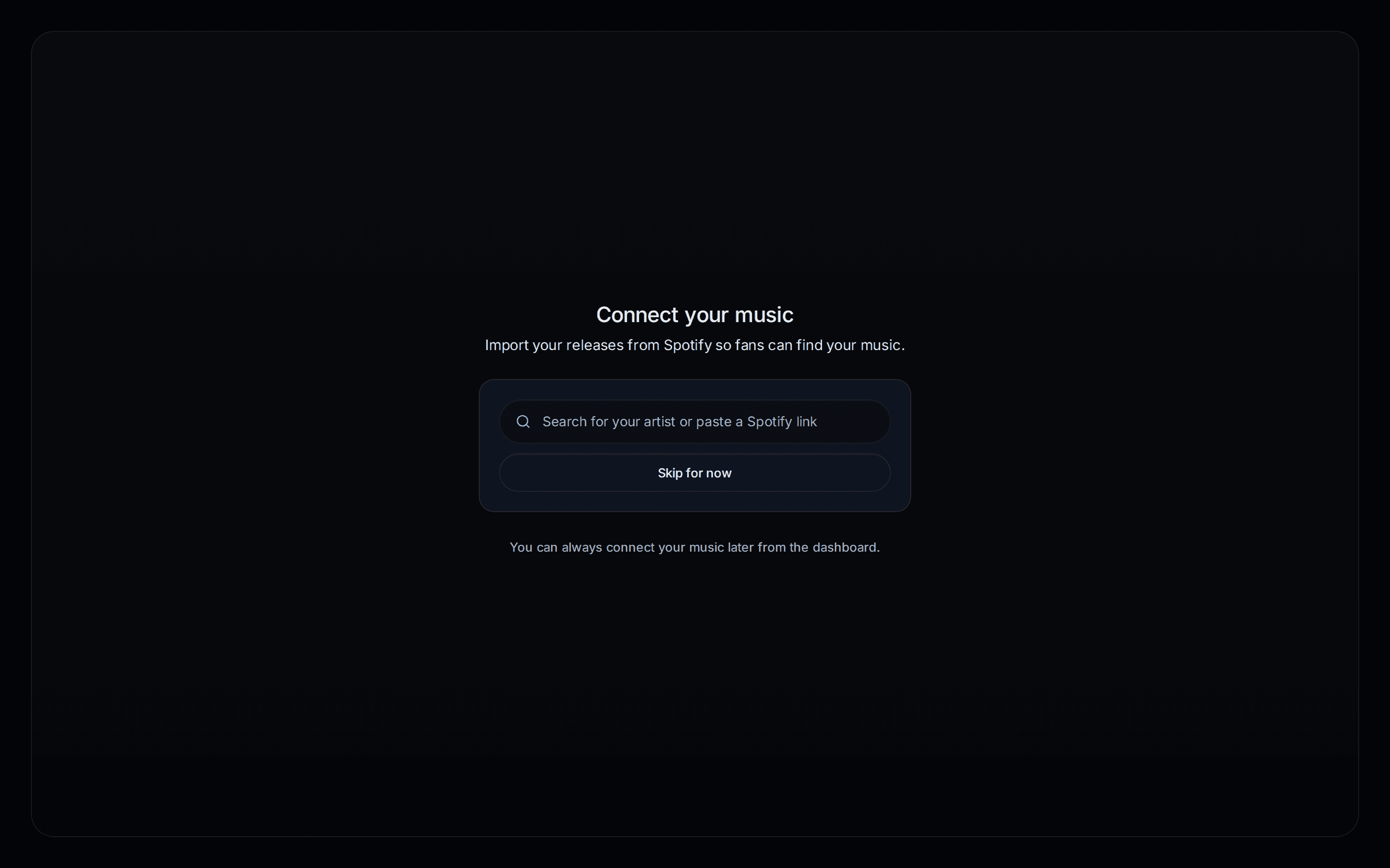 Jovie onboarding asking an artist to connect their music catalog.