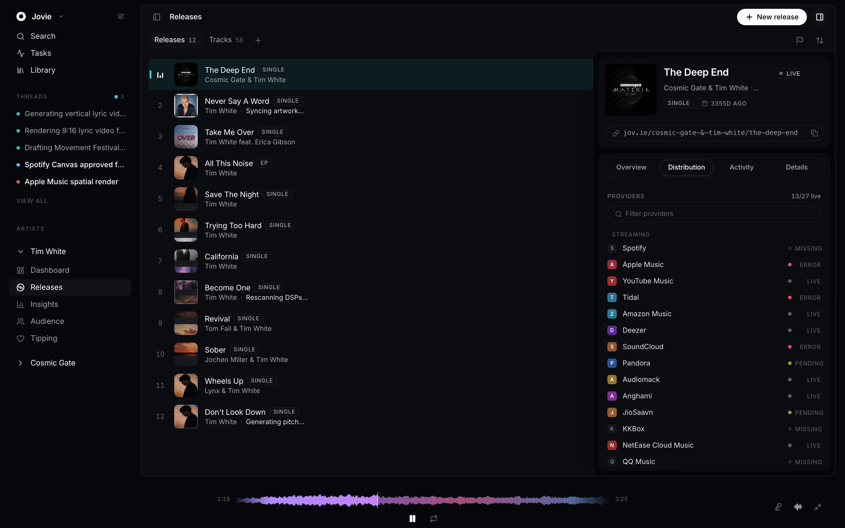 Jovie app — Releases view